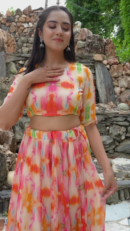 Organza Tie And Dye Printed Stylish Skirt And Crop Top With Goota Patti